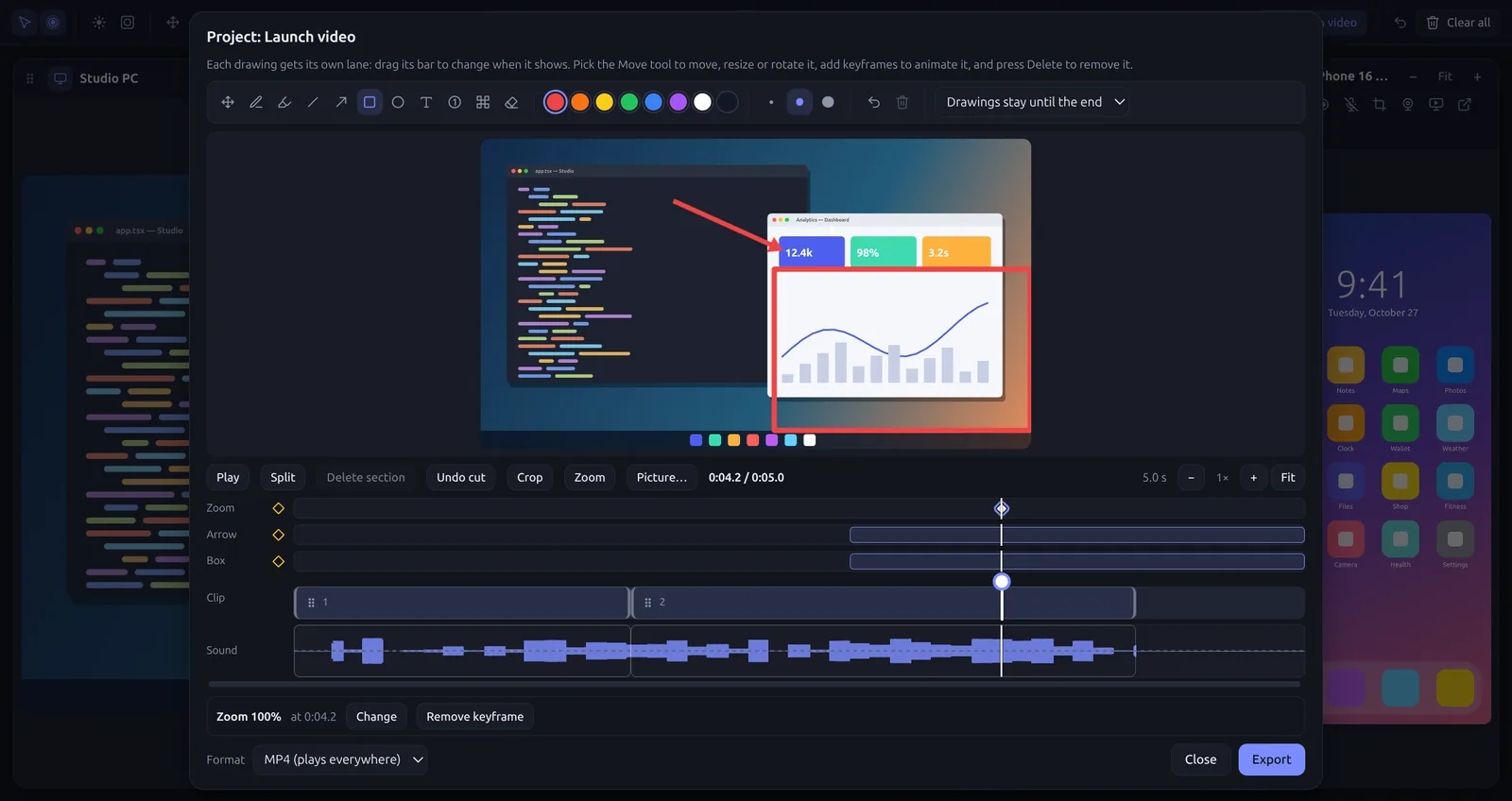 The recording editor with sections, drawing lanes and the sound waveform