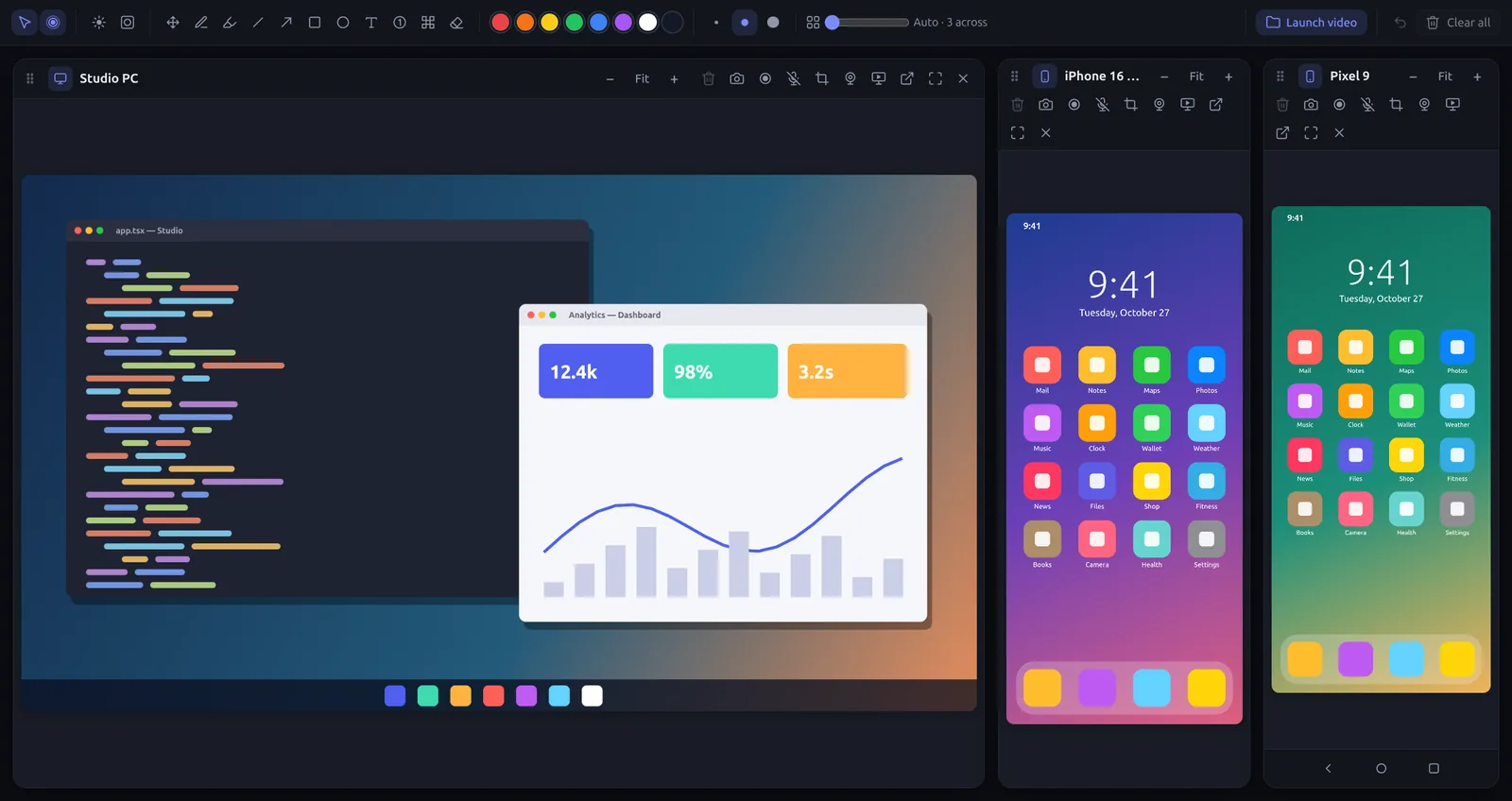 The Mirrord Screens window showing a computer screen, an iPhone and an Android phone side by side